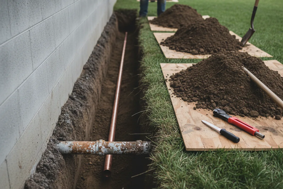 Excavated water line trench during Water Heater Repair in Amanda